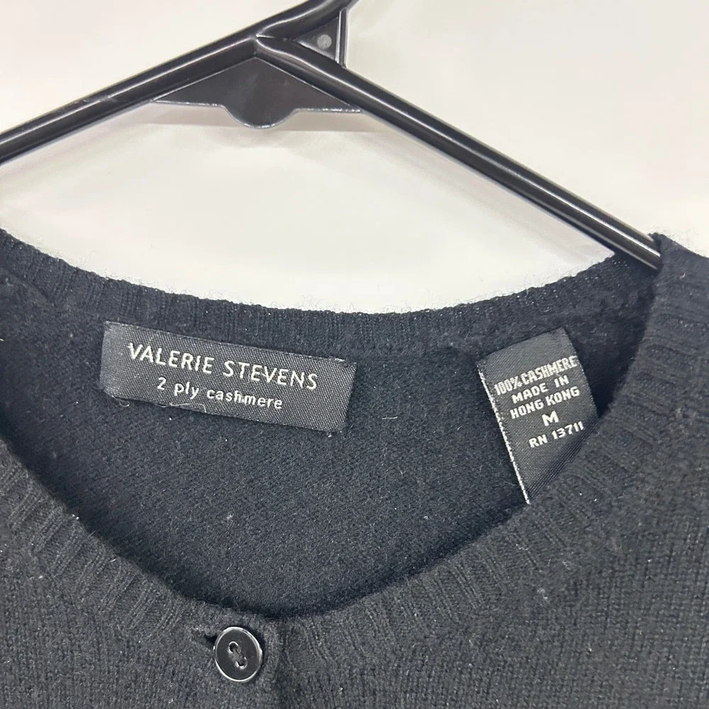 100% Cashmere 2 Ply Cardigan M Black Button Front Quiet Luxury Valerie Stevens